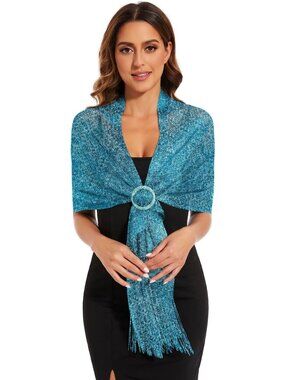 Sparkling Metallic Shawl Wrap with Buckle for Evening Dresses, Weddings